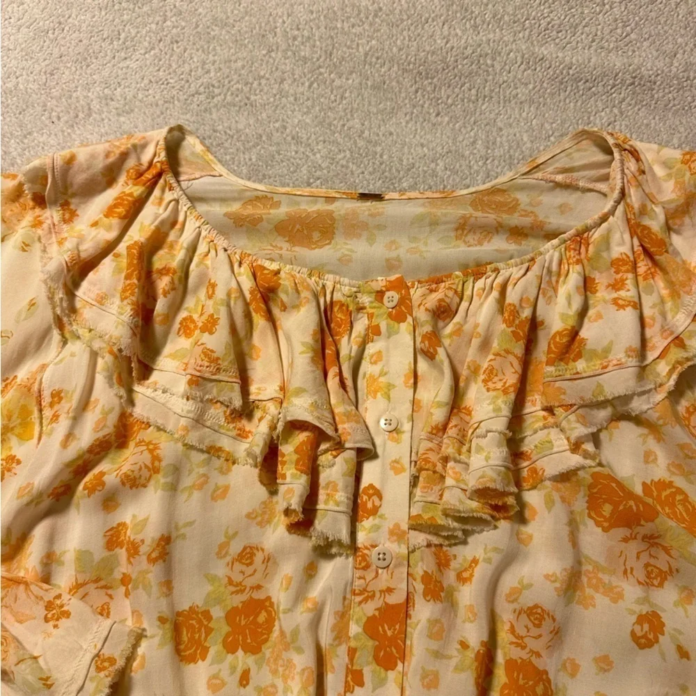 Free People Loretta Tunic Top Tea Combo Cream Yellow Floral Print Ruffle Boho